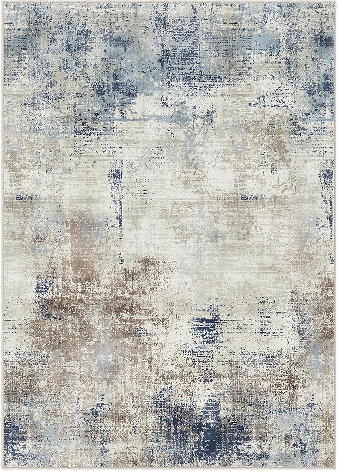 Area Rugs 8x10 Machine Washable Rug for Bedroom Living Room, Large Modern Abstract for Dining Room, Indoor Low Pile Carpet Soft Rugs with Non Slip Rubber Backing, Abstract Blue Gray
