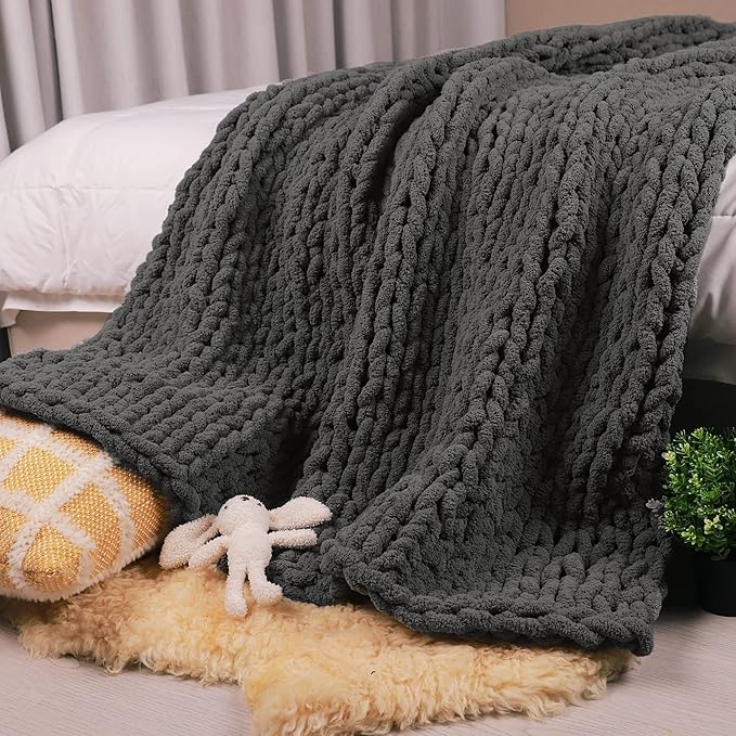 Carriediosa Chunky Knit Throw Blanket 60" X 80" Twin, 100% Hand Made Large Chenille Loop Yarn Soft Fluffy Throws for Couch Sofa Bed, Big Crochet Cozy Heavy Thick Cable Woven Blankets, Dark Grey