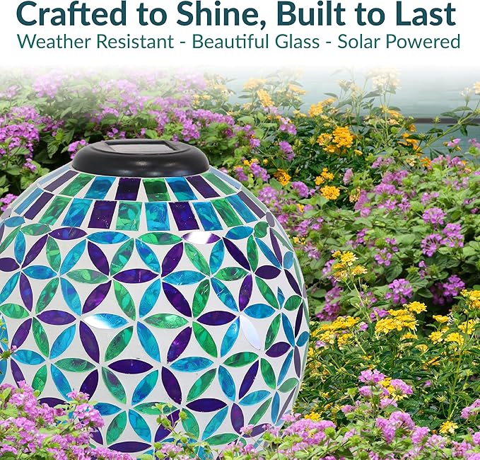 Sunnydaze 10 inch Solar Gazing Ball for Garden - Glass Outdoor Gazing Globe - Mosaic Cool Blooms
