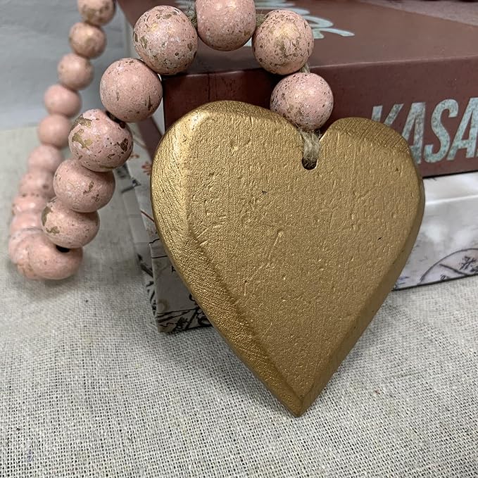 Fenisam 40" Handmade Farmhouse Bead Garland Wood with Tassel, Boho Chic Decorative String Beads Home Décor, Table Tiered Tray Country Wooden Accents (Rose Dawn Gold, Small)