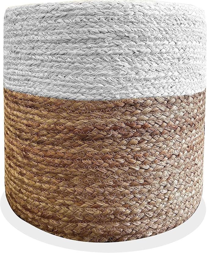 Jute Pouf Ottoman | Footrest Pouf | Hand Braided - Round Boho Pouffe - for Living Room, Bedroom, Nursery (16"x16"x16") Ivory