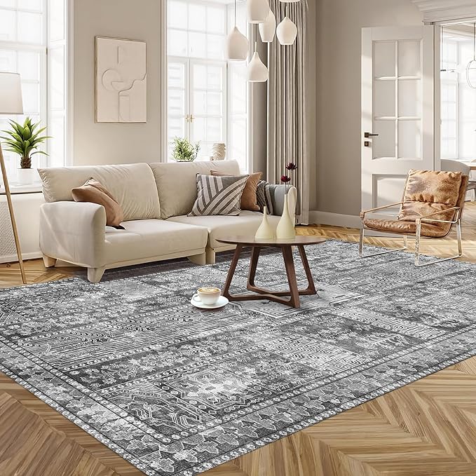 Vintage 5' x 7' Washable Area Rug - Stylish Indoor Rug for Living, Dining or Bedroom - Lightweight Carpet with Non-Slip Backing - Foldable for Easy Placement and Maintenance - Grey