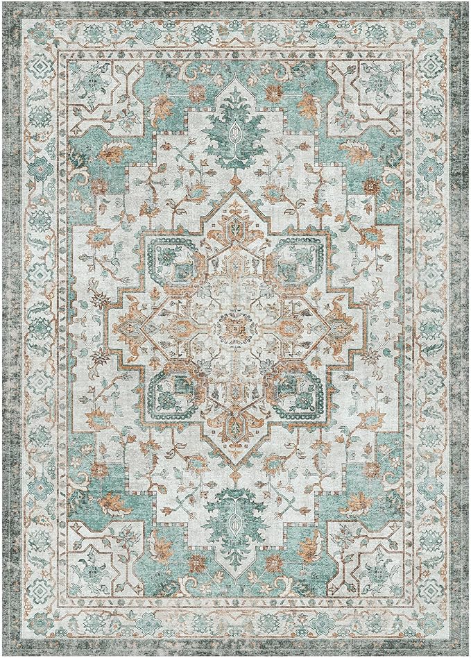 GENIMO 6x9 Area Rugs for Living Room, Machine Washable Non Slip Vintage Rugs, Low Pile Lightweight Chenille Print Rug for Bedroom, Dining Room, Home Office, Cyan