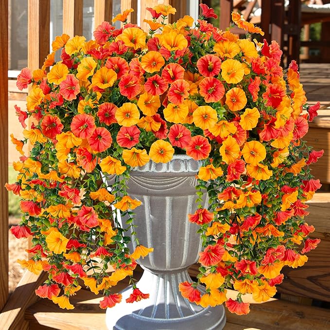 Ivydale 2 PCS Artificial Hanging Flowers Fake Plants Outdoor,Silk Morning Glory Faux Flowers with Eucalyptus Leaves,UV Resistant Realistic Hanging Plants for Home Garden Decor (Yellow+Orange)