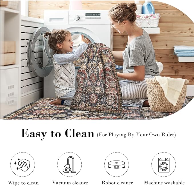 RUGSURE Washable Area Rugs - Perfect for Living Room, Bedroom, Kids Room, Nursery - Stain & Water Resistant Non-Slip, Pet & Child Friendly, Vintage Tribal Area Rugs (Rust, 2'6'' x 8')
