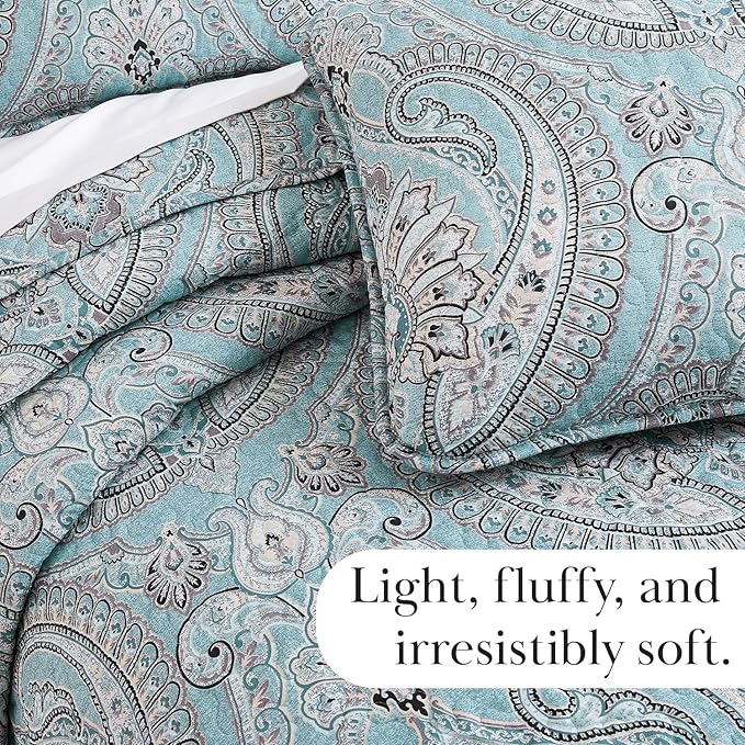 Southshore Fine Living, Inc. Twin XL Comforter Quilt Set, Dorm Bedding Essentials, Stain Resistant, Machine Washable Paisley Boho Bed Spread, Twin XL Quilt Bedspread Set w/Pillow Sham, Paisley Aqua