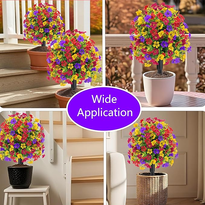 22.8" Set of 2 Fall Artificial Boxwood Topiary Ball with Spikes,UV Resistant Fake Outdoor shrubs with Violet Flowers, Realistic Faux Plants Bushes for Garden Front Porch Yard Patio Decor(Mixcolors)