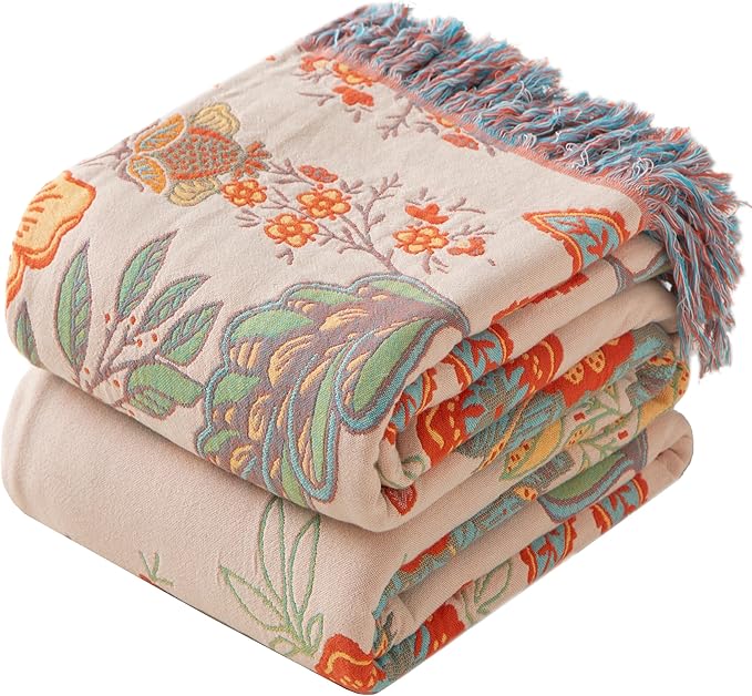 Boho Throw Blanket Full Size, Soft Cozy Cotton Muslin Quilt Blanket for Bed Decor, Floral Patterned Couch Sofa Chair Cover, Vintage Farmhouse Cottage Tapestry Woven Blanket, Coral&Green