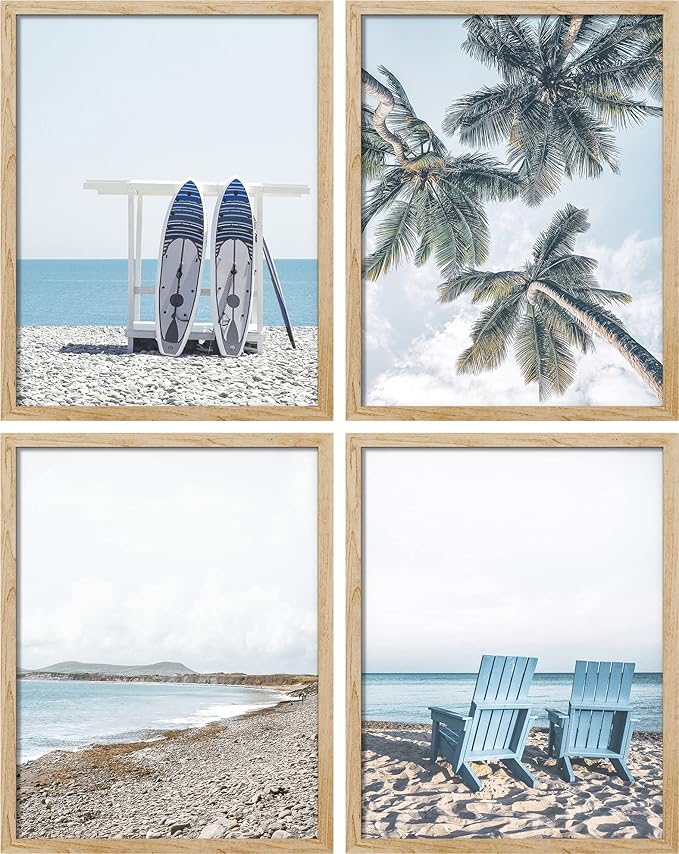 SIGNWIN Framed White Surfboard Tropical Palm Tree Beach Shore Wall Art, Set of 4 Landscape Colorful Wall Decor Prints, Nature Wilderness Wall Décor for Living Room, Bedroom - 11"x14" Natural