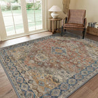 GENIMO 10x12 Area Rugs for Living Room, Machine Washable Non Slip Vintage Rugs, Low Pile Lightweight Chenille Print Rug for Bedroom, Dining Room, Home Office, Antique Red