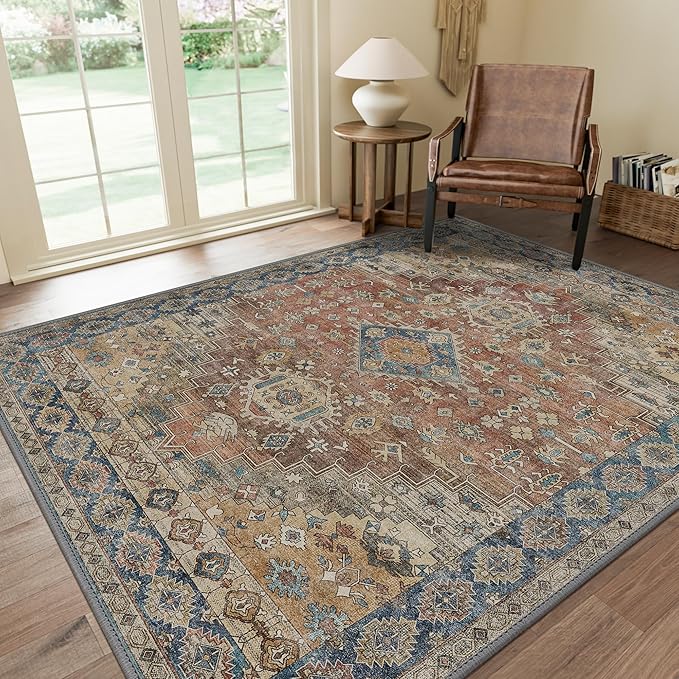 GENIMO 10x12 Area Rugs for Living Room, Machine Washable Non Slip Vintage Rugs, Low Pile Lightweight Chenille Print Rug for Bedroom, Dining Room, Home Office, Antique Red