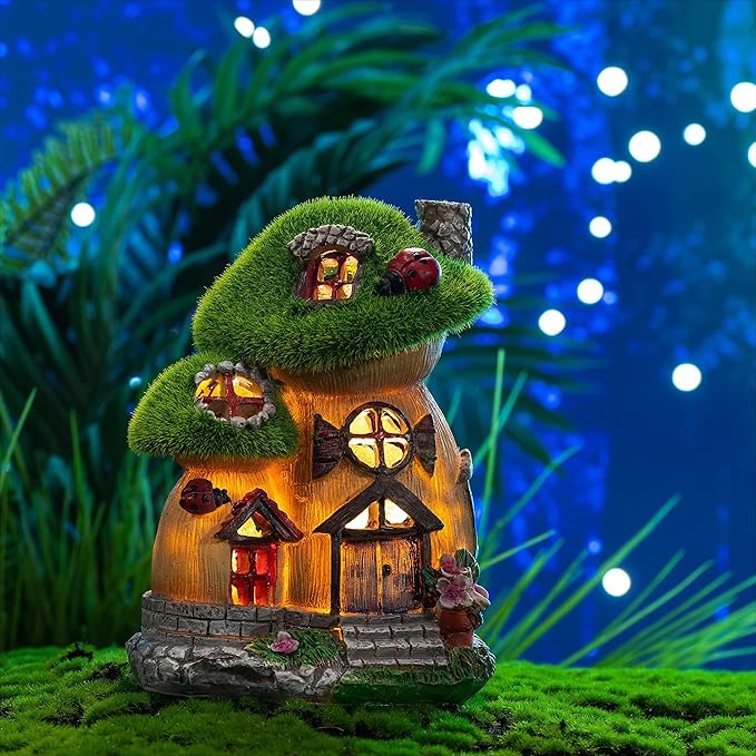 TERESA'S COLLECTIONS Mushroom Garden Statues with Outdoor Solar Light for Garden Decor, Green Flocked Decorations Resin Fairy House Accessories, Outdoor Decor Yard Gifts for Mom Women