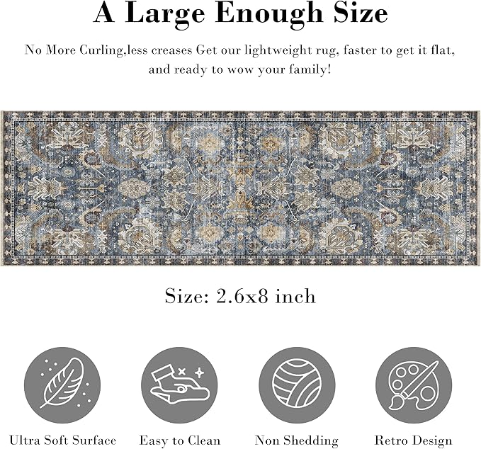 RUGSURE Washable Area Rugs - Perfect for Living Room, Bedroom, Kids Room, Nursery - Stain & Water Resistant Non-Slip, Pet & Child Friendly, Vintage Tribal Area Rugs (Navy, 2'6'' x 8')