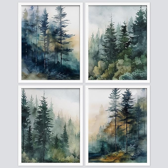 SIGNWIN Framed Poster Green & Teal Watercolor Forest Pine Trees Nature Wilderness Photography Realism Decorative Rustic Cozy Zen for Living Room, Bedroom, Office - 11"x14"x4 White