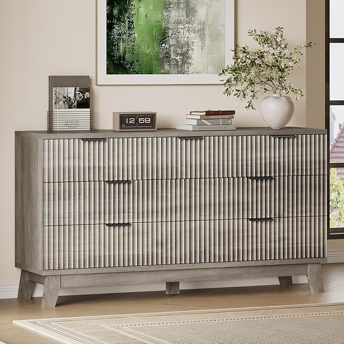 57" Long Dresser for Bedroom, 7-Drawer Fluted Chest, Wide Wood Storage Dresser with Metal Slides and Handles, Stable Base, Modern Clothes Organizer for Primary Suite, Guest Room, Nursery