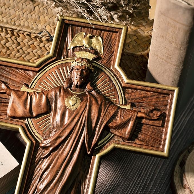 BGCOPPER Wooden Crucifix Wall Cross Catholic Handmade Orthodox Jesus Cross for Wall Decor Easter Christmas Gift