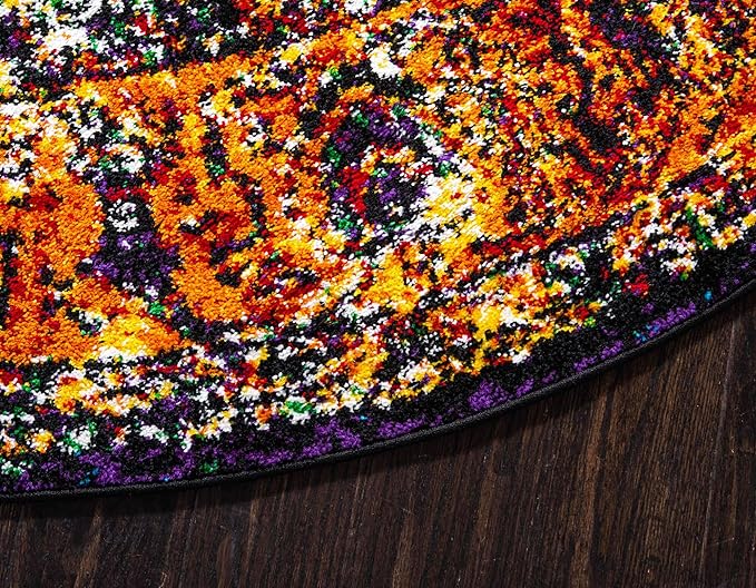 Unique Loom Rosso Collection Vintage, Traditional, Bohemian, Geometric, Border, Distressed, Southwestern Area Rug, 8 ft x 8 ft, Orange/Black