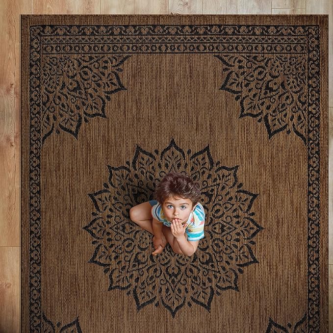 CAMILSON Outdoor Rug, 10x14 Medallion Nut Brown Black Modern Area Rugs for Large Indoor and Outdoor Patios, Kitchen and Hallway Mats, Washable Porch Deck Outside Carpet (Nut Brown Black, 10 x 14)