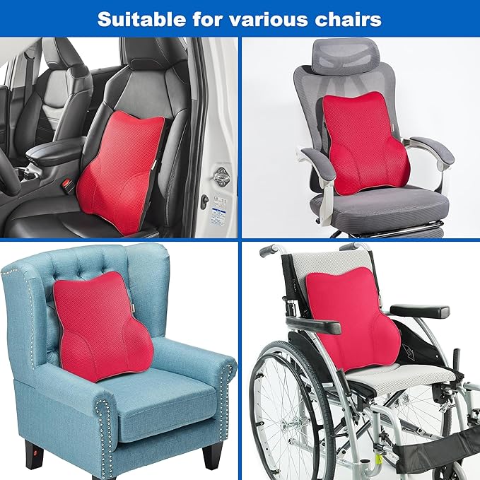 Soft Lumbar Support Pillow for Car Seat and Office Chair Back Support Pillow Memory Foam Back Cushion for Pain Relief Improve Posture (Mesh-Wine Red)