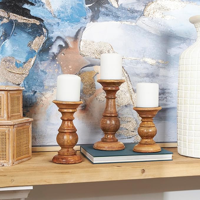 Deco 79 Mango Wood Decorative Candle Holder Turned Style Pillar Candle Stand, Set of 3 Candlestick Holder 10",8",6"H, Brown