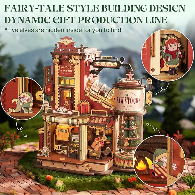 ROKR 3D Puzzle for Adults Christmas Style Dream Gift Factory Wooden Model Kit Luminous Factory DIY Dollhouse Kit Building with Music, Lights and 5 Elves for Adults