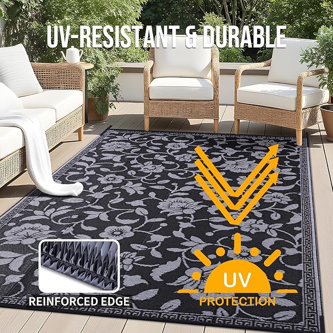 OLANLY Waterproof Outdoor Rug 6x9 ft, Outdoor Plastic Straw Rug with Flower Pattern, Reversible RV Mat for Patio, Camping, Balcony, Deck, Backyard, Black & Grey