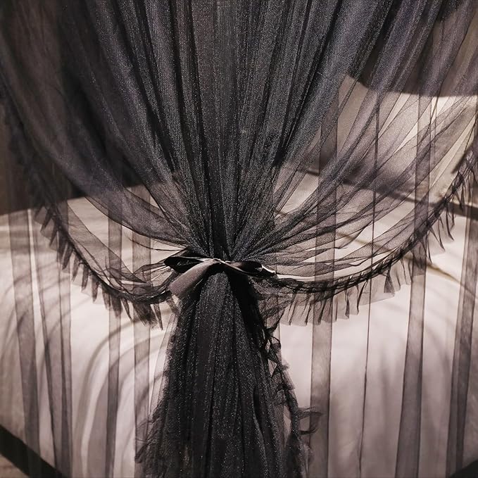 VETHIN 4 Corners Post Ruffle Princess Bed Canopy Curtain-Double Layer Cozy Drape Netting 4 Opening Mosquito Net for Girls Adults Bedroom Decoration (Double-Black,78" W*86" L*82"*H/King)