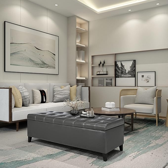 Joveco Storage Ottoman Bench, Tufted Leather 51 Inch Storage Bench for End of Bed Bedroom Living Room (51”, Dark Gray)