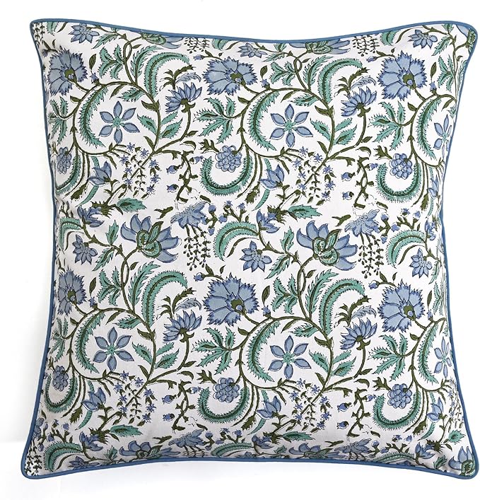 Ridhi Columbia Blue Block Print Cotton Throw Pillow Covers for Decorative Couch Pillows for Living Room, Chic Boho Cute Outdoor Valentine Pillows Covers Gifts 20x20 Inches