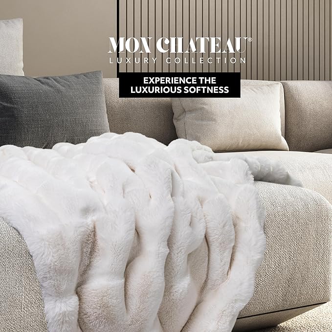 Mon Chateau Premium Reversible Luxury Faux Fur Throw for Couch, Sofa, or Bed - Plush Cozy Soft Blanket for Sleeping or Home Décor, 60" x 70" (Ivory)