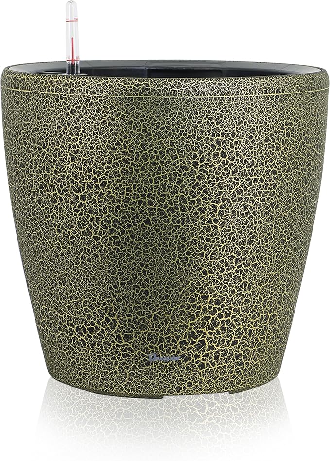 Dexceder 18x17 Self Watering Planter with Wheels Indoor Outdoor, Inner Pot Design, Thickened Large Floor Standing Flower Plant Pot with Water Level Indicator (Black Gold Crackle)