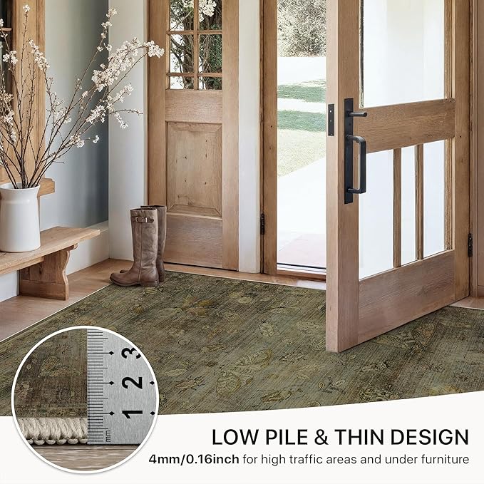 GENIMO 6x9 Area Rugs for Living Room, Machine Washable Non Slip Vintage Rugs, Low Pile Lightweight Chenille Print Rug for Bedroom, Dining Room, Home Office, Moss Taupe