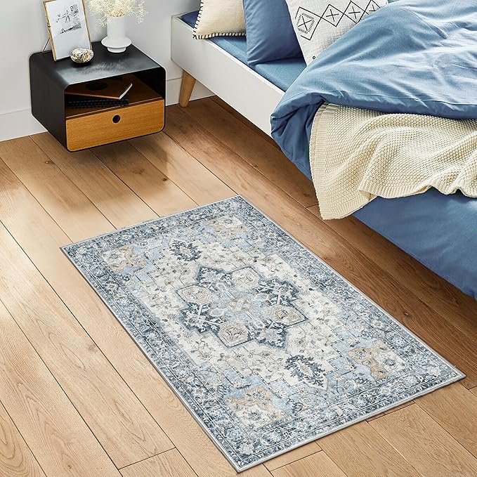 GENIMO Area Rug 2x3 Doormat, Machine Washable Low Pile Vintage Rugs, Small Lightweight Rug Entryway Indoor Mat for Entrance, Hallway, Kitchen and Corridor, Blue
