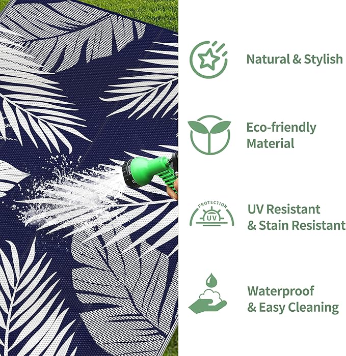GENIMO Outdoor Rug 8' x 10' Waterproof for Patios Clearance, Reversible Outdoor Plastic Straw Camping Rug Carpet, Large Area Rugs Mats for RV, Camper, Deck, Balcony, Porch, Beach, Navy Blue&White