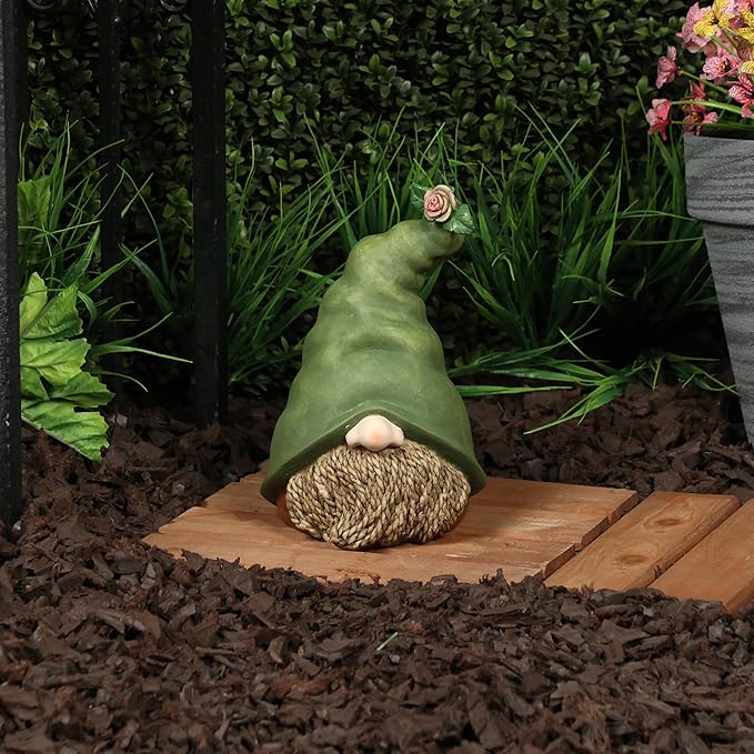 Alpine Corporation - 10" Tall Outdoor Garden Gnome Decor - Gnome Head with Rope Beard and Flower on Green Hat – Durable Lawn Scupture, Ideal for Patio, Deck, & Yard
