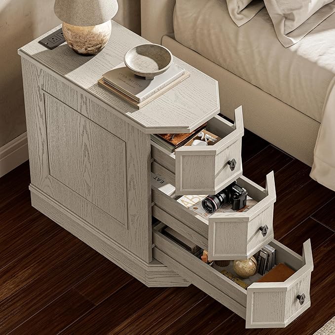 Nightstand Set of 2 with Charging Station, Vintage Wood End Table with 3 Drawer, Victoria Narrow Side Table, Slim Bedside Tables for Bedroom, Pre-Installation, Light Gray