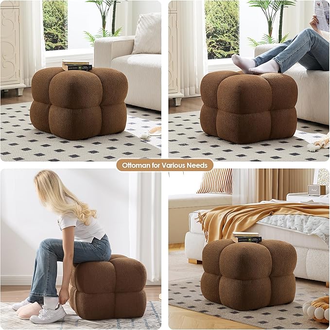 ONEVOG 21" Dark Brown Modern Ottoman, Square Fuzzy Couch Sherpa Pouf Ottoman, Tufted Fluffy Boucle Fabric Foot Stools, Upholsered Footrest & Coffee Table for Living Room Bedroom, Cute Pouf Home Decor