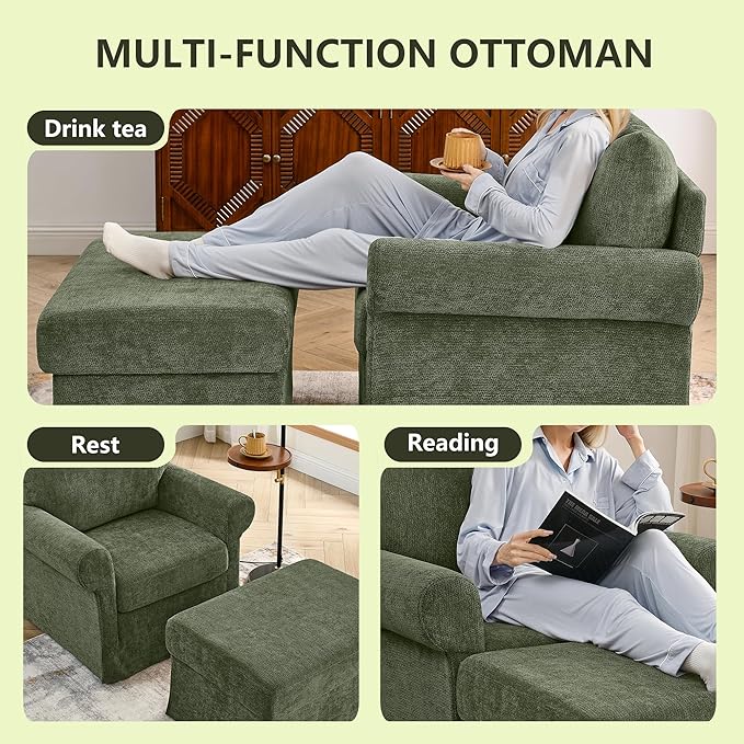 35.82” Accent Chair with Ottoman Upholstered Living Room Chairs for Reading Chair with Chaise Lounge Chairs Indoor, Comfortable Armchair for Bedroom (Green, 35.82")