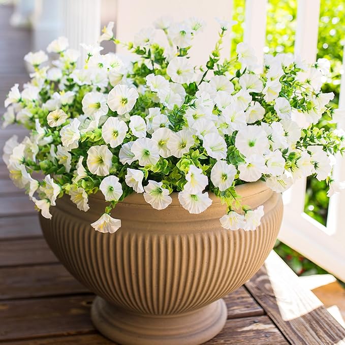 HyeFlora Artificial Flowers for Outdoors Fake Plants Outside Decoration, 12 Bundles Silk White Morning Glory UV Resistant Look Real Faux Flowers for Planter Front Door Porch Patio Yard Gardens Balcony