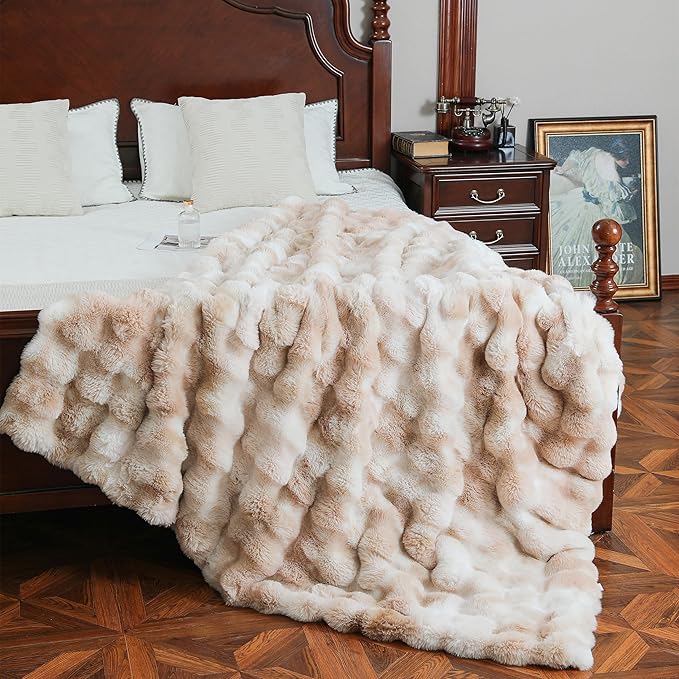 UKELER Camel Large Fluffy Bed Blankets Throws Twin Size, Cozy Shaggy Faux Fur Blanket Soft Plush Thick Throw Blanket for Bed, Couch, Sofa, Office, Camping 60''x80''