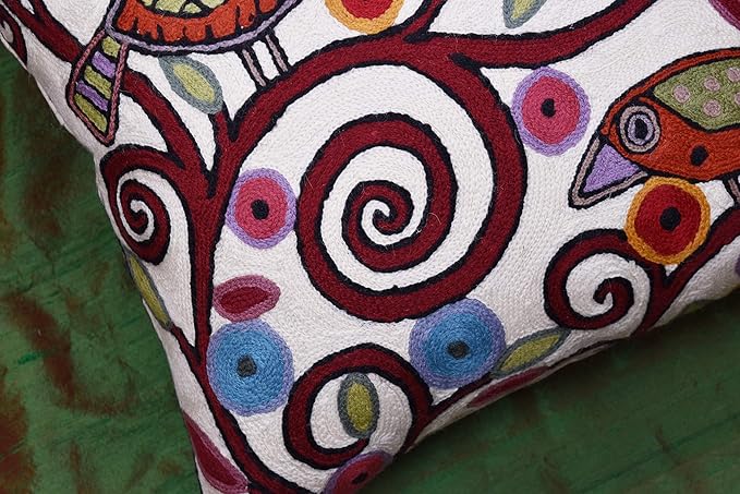 Cream Tree of Life Pillow Cover Birds White Floral Pillowcase Flower Accent Botanical Pillowsham Suzani Cushions Modern Plant Floral Cushion Hand Embroidered Wool Size 18x18