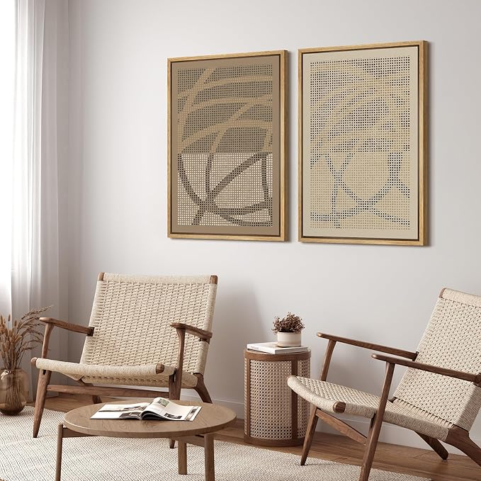 SIGNFORD Framed Canvas Print Wall Art Set Geometric Dot Patterns Earthy Beige and Brown Contrast Illustration Modern Art Decorative Nordic Nature for Living Room, Bedroom, Office - 16"x24"x2 Natural