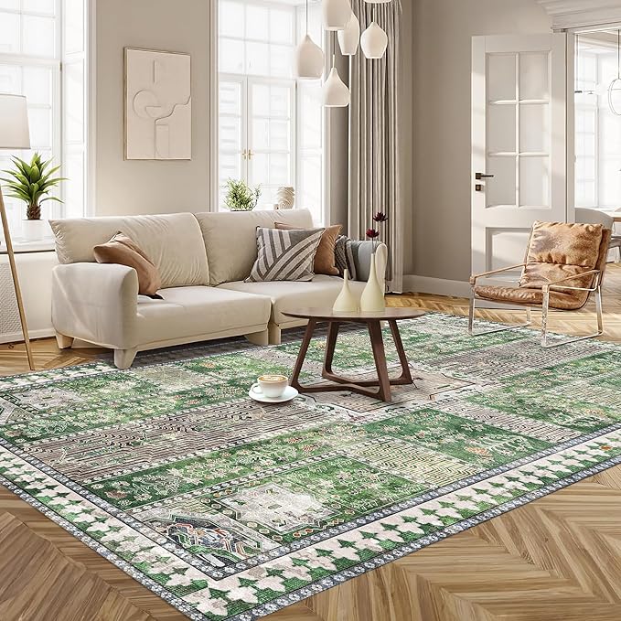 Vintage 4' x 6' Washable Area Rug - Stylish Indoor Rug for Living, Dining or Bedroom - Lightweight Carpet with Non-Slip Backing - Foldable for Easy Placement and Maintenance - Green