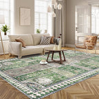 Vintage 6' x 9' Washable Area Rug - Stylish Indoor Rug for Living, Dining or Bedroom - Lightweight Carpet with Non-Slip Backing - Foldable for Easy Placement and Maintenance - Green