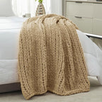 Amélie Home Chunky Knit Throw Blanket for Couch, Soft Chenille Crochet Blanket for Sofa, 50"x60", Beige