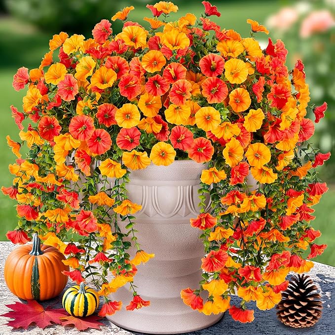 Artificial Faux Fall Hanging Flowers Plants for Outdoor Decor,2 PCS Fake Silk Morning Glory with Eucalyptus UV Resistant Realistic Vine for Wall Home Porch Patio Balcony Yard Decor,Yellow and Orange