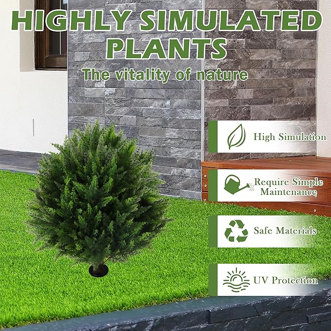 Sunnyglade Set of 2 Artificial Cedar Topiary Ball Trees, Faux Cedar Shrub Bushes with Ground Spike 25.5", UV Resistant Fake Cedar Plants for Indoor, Garden, Yard, Porch, Patio Decor (Green)