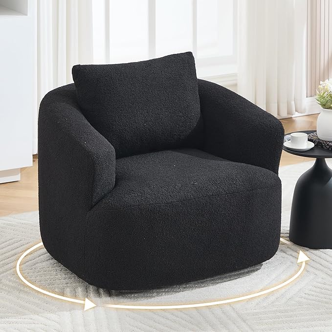 Luxlen Swivel Accent Chair with Pillow for Living Room, Teddy Fleece Upholstered Single Sofa, 360° Rotating Barrel Chair with Metal Base for Bedroom, Office, Apartment - Black