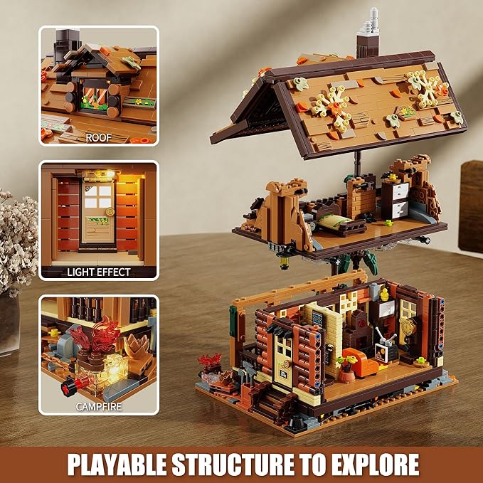 Wood Cabin Building Blocks Set with LED Lights, Autumn House Building Toys, Log Cabin Construction Kits, Stem Forest Treehouse Model, Birthday Gift for Adults and Boys Age 8-12(1969Pcs)