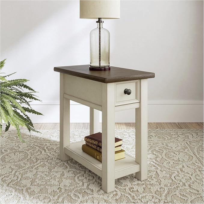 Signature Design by Ashley Bolanburg | Farmhouse Chair-Side End Table – USB Charging Ports, Drawer, Two-Tone Light Brown & Whitewash